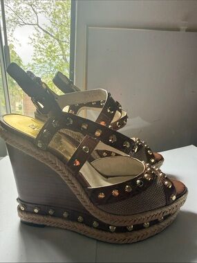 Michael Kors Studded Espadrille Wedge Sandals Brown Leather Size 7